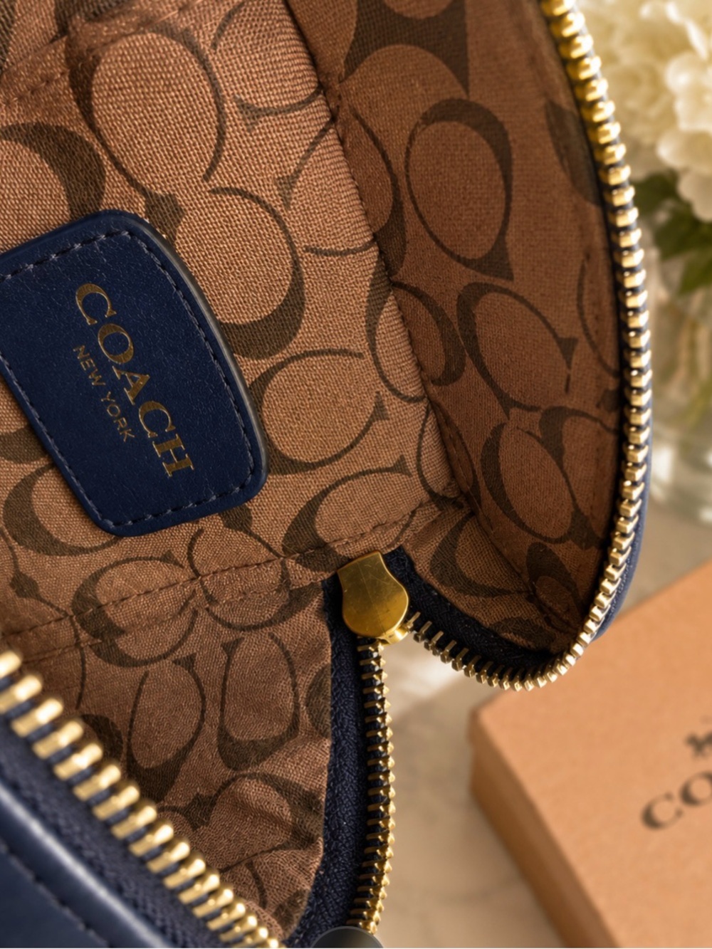 Coach Navy Signature Canvas Mini Vanity Bag with Cherry Charm - Picture 3 of 4